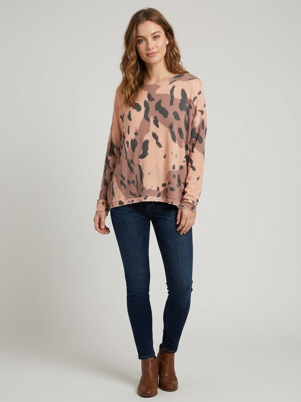 CHARLIE B Pink & Charcoal Animal Print V-Neck Pullover